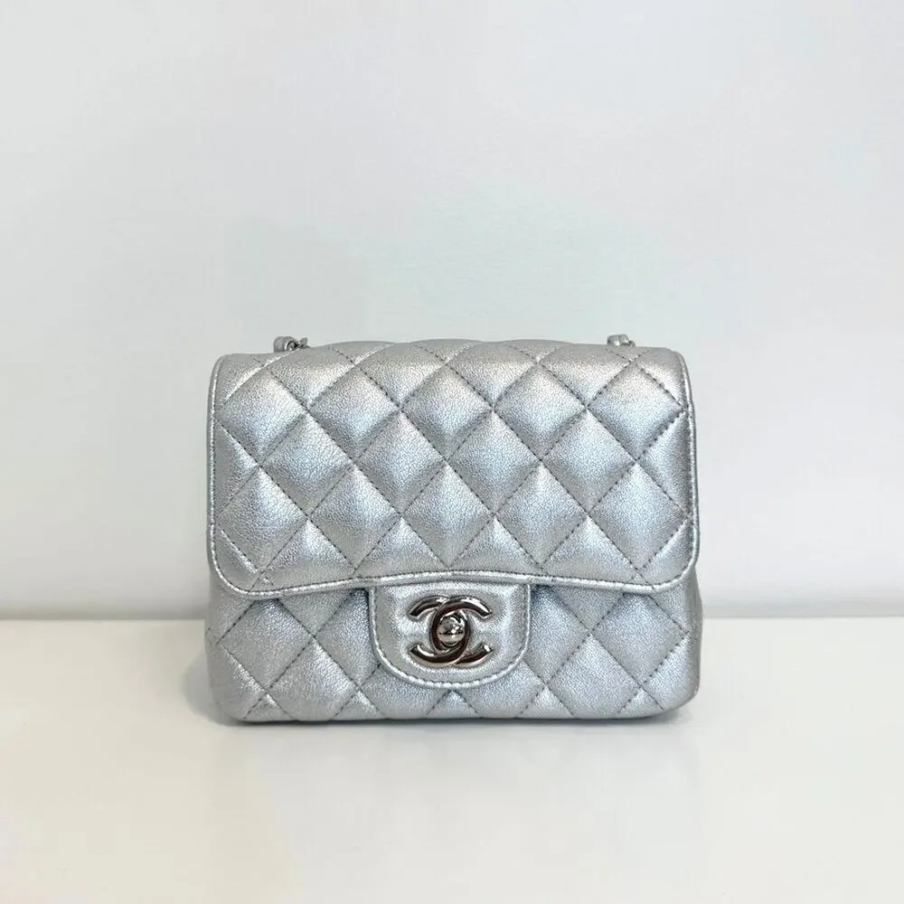 CHANEL Metallic Silver CC Logo Lambskin Quilted Mini Classic Flap Shoulder Bag